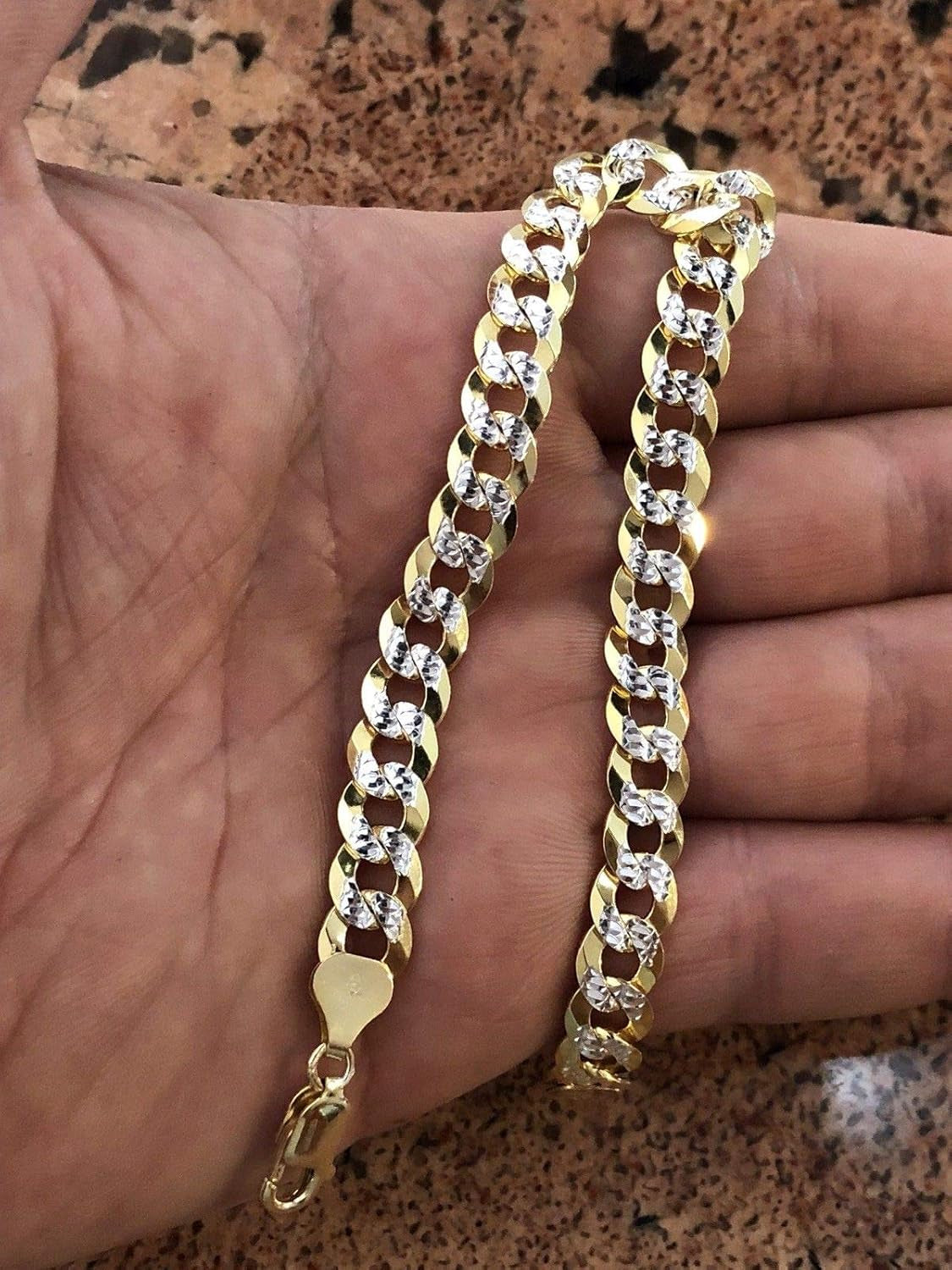 Men'S Cuban Link Bracelet 14K Gold over Solid 925 Sterling Silver Bracelet - 8.5" 8Mm - Two Tone Diamond Cut Pave