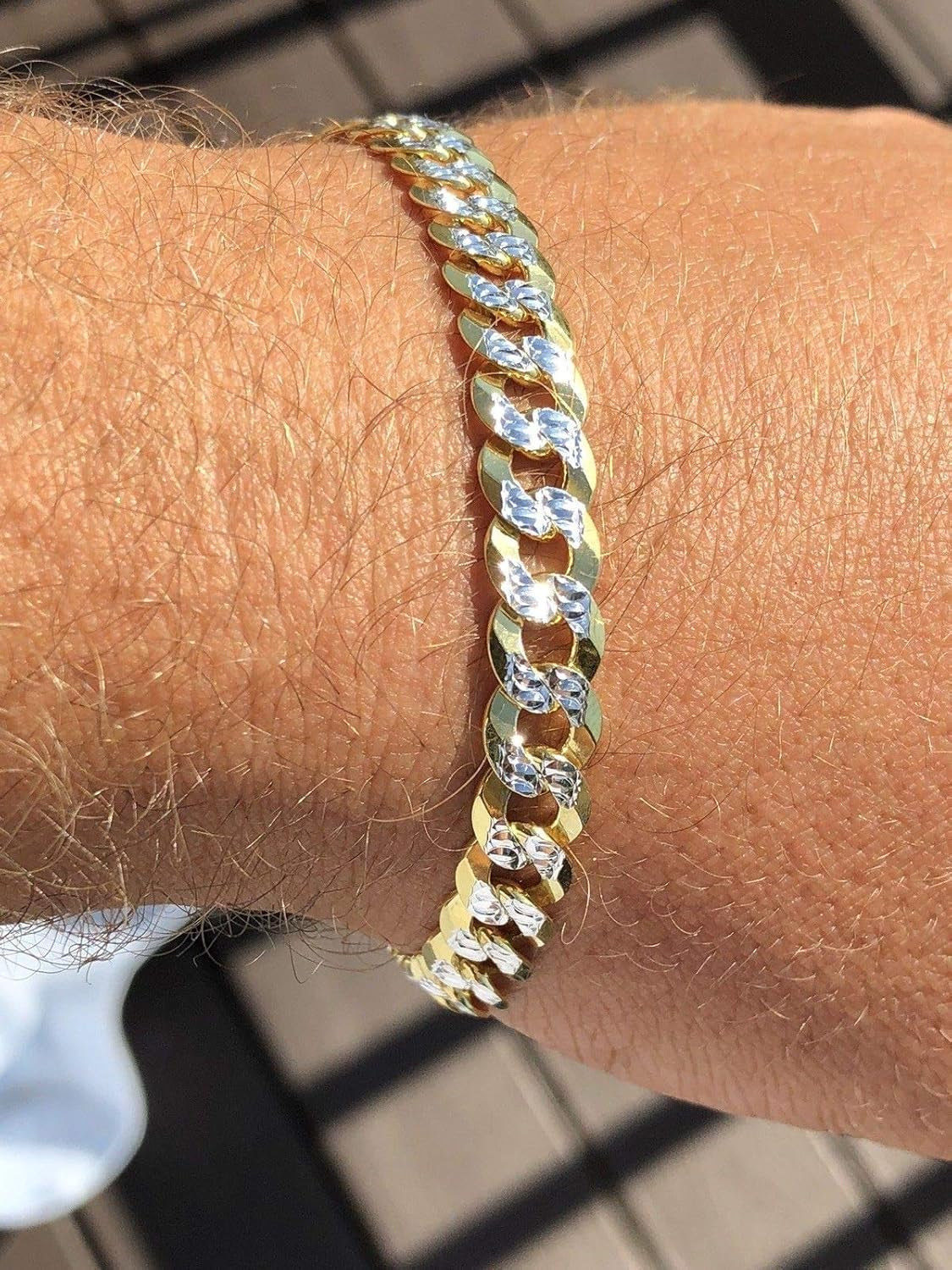 Men'S Cuban Link Bracelet 14K Gold over Solid 925 Sterling Silver Bracelet - 8.5" 8Mm - Two Tone Diamond Cut Pave