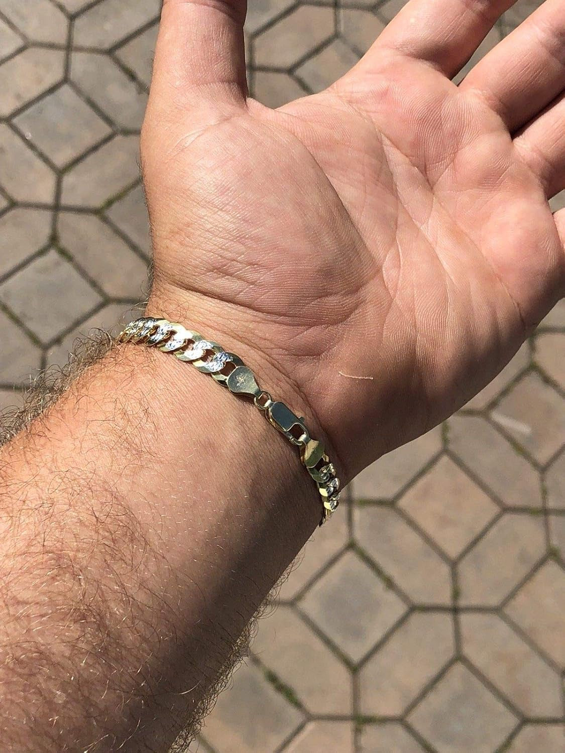 Men'S Cuban Link Bracelet 14K Gold over Solid 925 Sterling Silver Bracelet - 8.5" 8Mm - Two Tone Diamond Cut Pave