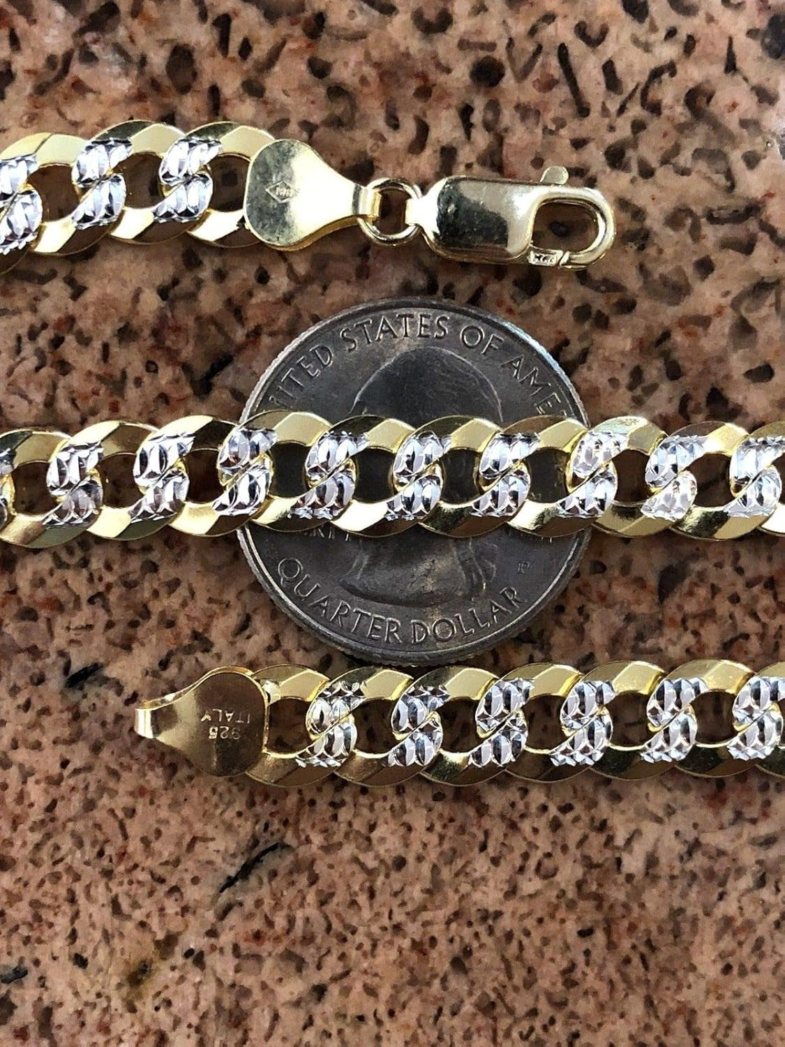 Men'S Cuban Link Bracelet 14K Gold over Solid 925 Sterling Silver Bracelet - 8.5" 8Mm - Two Tone Diamond Cut Pave