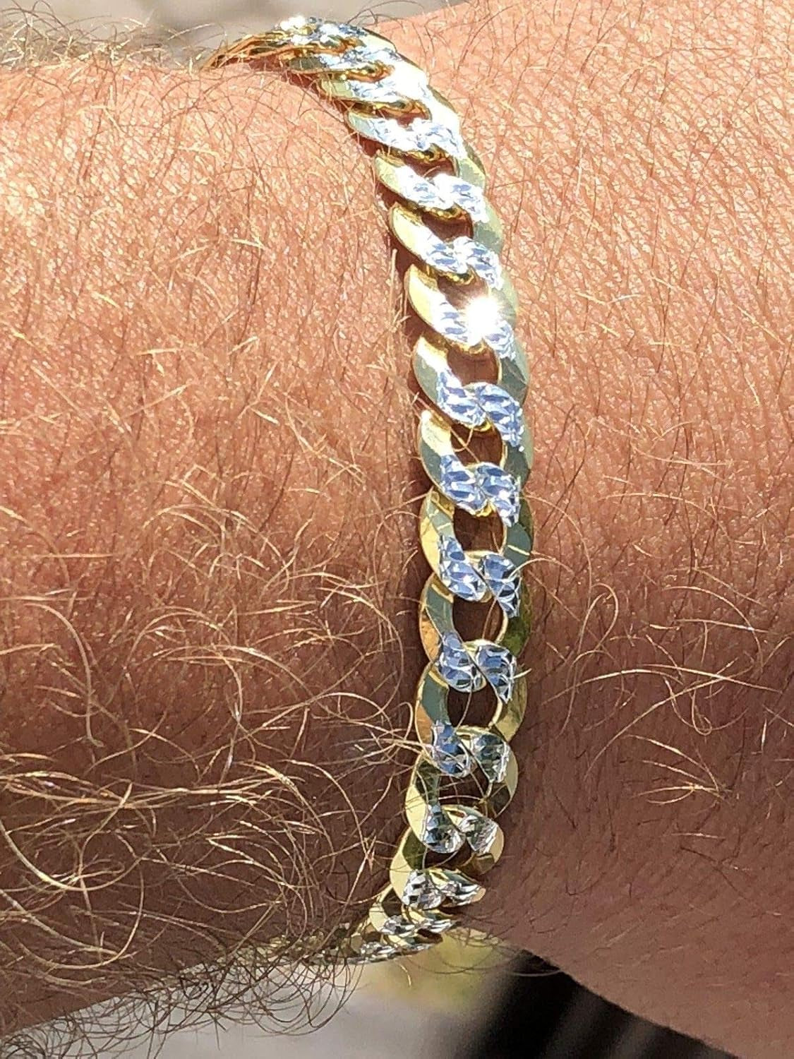 Men'S Cuban Link Bracelet 14K Gold over Solid 925 Sterling Silver Bracelet - 8.5" 8Mm - Two Tone Diamond Cut Pave