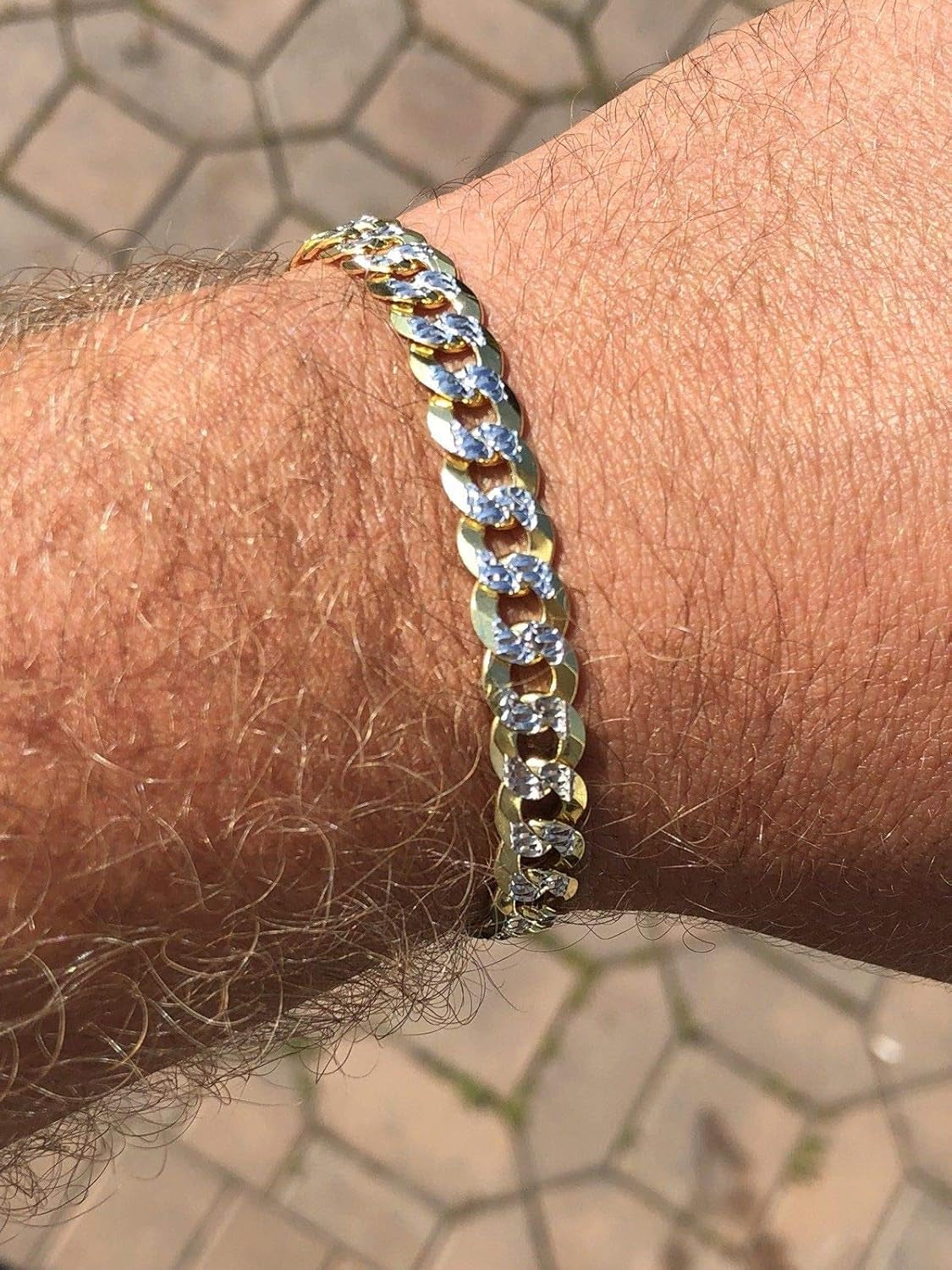Men'S Cuban Link Bracelet 14K Gold over Solid 925 Sterling Silver Bracelet - 8.5" 8Mm - Two Tone Diamond Cut Pave