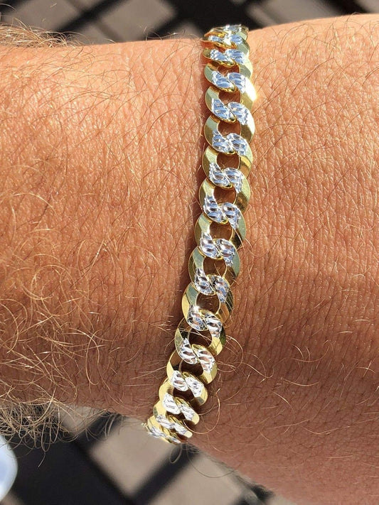 Men'S Cuban Link Bracelet 14K Gold over Solid 925 Sterling Silver Bracelet - 8.5" 8Mm - Two Tone Diamond Cut Pave