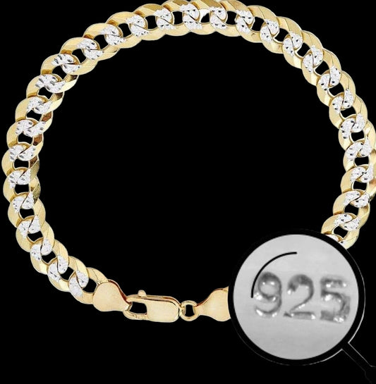 Men'S Cuban Link Bracelet 14K Gold over Solid 925 Sterling Silver Bracelet - 8.5" 8Mm - Two Tone Diamond Cut Pave