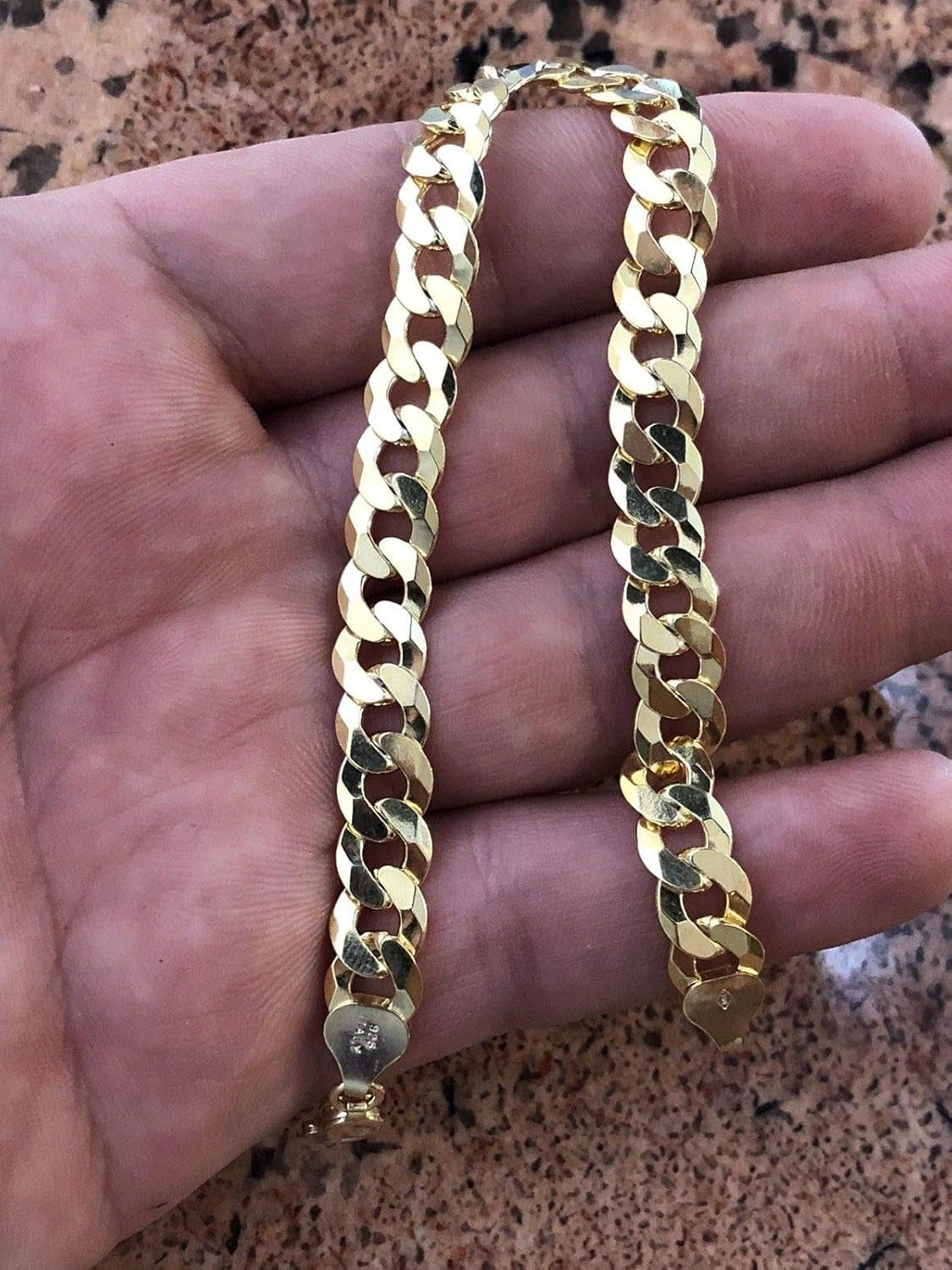 Men'S Cuban Link Bracelet 14K Gold over Solid 925 Sterling Silver Bracelet - 8.5" 8Mm - Two Tone Diamond Cut Pave